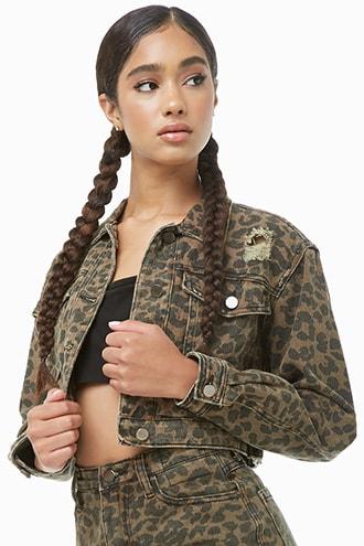 Forever21 Cropped Cheetah Print Denim Jacket