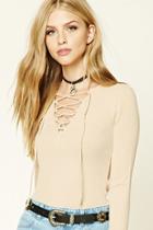 Forever21 Women's  Taupe Ribbed Knit Lace-up Top