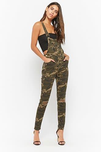 Forever21 Ripped-knee Camo Overalls
