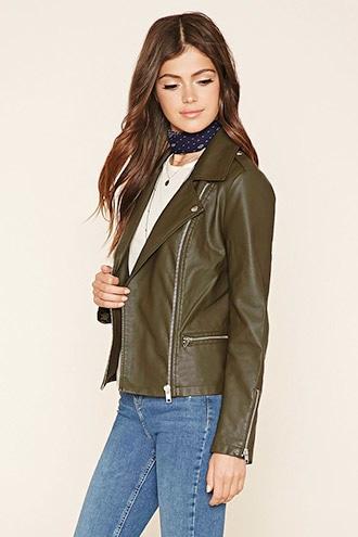 Forever21 Women's  Olive Faux Leather Moto Jacket