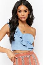 Forever21 Chambray Ruffled One-shoulder Crop Top