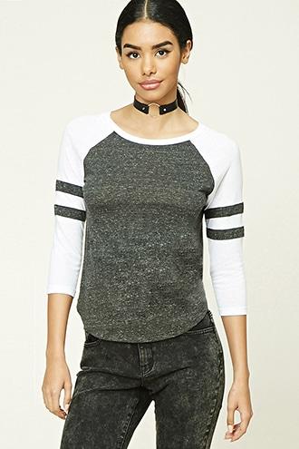 Forever21 Women's  Black & White Slub Knit Baseball Tee