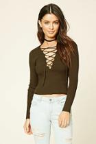Forever21 Women's  Olive Lace-up Ribbed Top