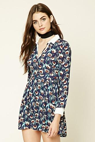 Forever21 Women's  Navy & Teal Collared Floral Print Dress