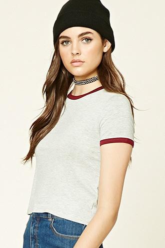 Forever21 Women's  Heather Grey & Burgundy Classic Ringer Tee