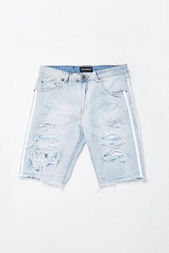 Forever21 Victorious Distressed Striped-trim Denim Shorts
