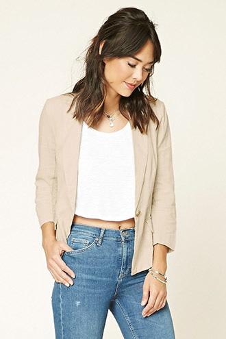 Forever21 Women's  Khaki Buttoned Linen Blazer