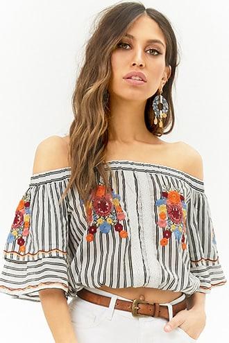 Forever21 Floral Embroidered Striped Off-the-shoulder Crop Top