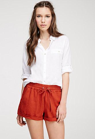 Forever21 Linen-blend Drawstring Shorts Rust X-small