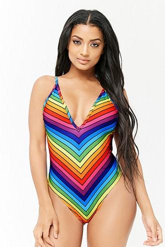 Forever21 Rainbow Chevron Pattern One-piece Swimsuit