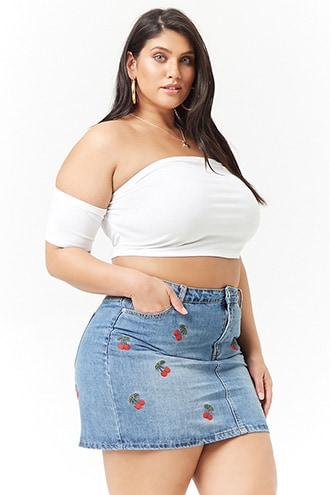 Forever21 Plus Size Denim Embroidered Cherry Mini Skirt