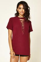 Forever21 Women's  Burgundy Lace-up Boxy French Terry Top