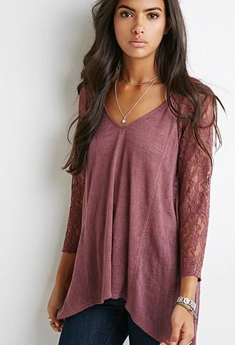 Forever21 Women's  Wine Lace-paneled Slub Knit Top