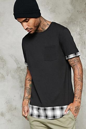 21 Men Men's Plaid-trim Pocket Tee