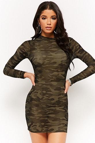 Forever21 Sheer Mesh Camo Lettuce-edge Mini Dress