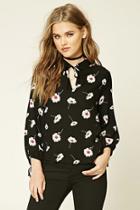 Forever21 Women's  Black & Cream Self-tie Floral Top
