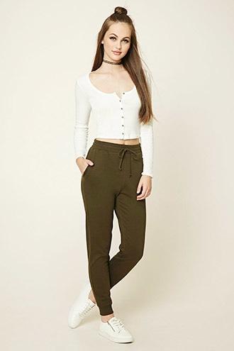 Forever21 Women's  Olive Fleece-lined Sweatpants