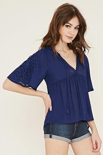 Forever21 Women's  Navy Crochet Tonal-stripe Top