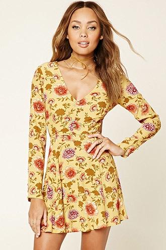 Forever21 Women's Mustard & Peach Floral Print Cutout Dress