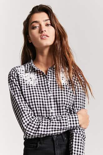 Forever21 Embroidered Gingham Print Shirt