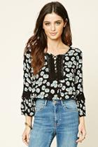 Forever21 Women's  Black & Turquoise Floral Print Lace-up Top