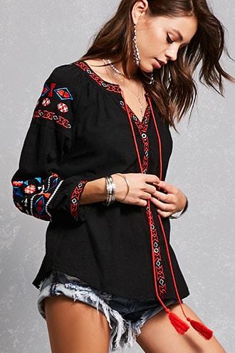 Forever21 Self-tie Embroidered Top