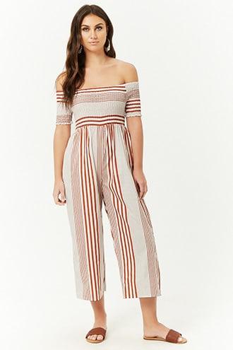 Forever21 Smocked Striped Jumpsuit