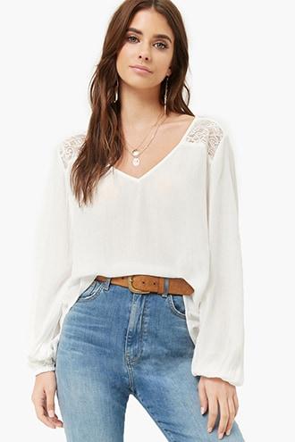 Forever21 Sheer Crinkled High-low Lace Panel Top