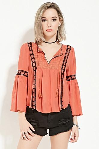 Forever21 Women's  Coral & Black Crochet Gauze Top
