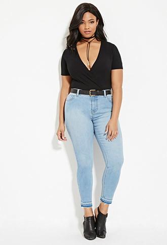 Forever21 Plus Women's  Light Denim Plus Size Frayed Skinny Jeans