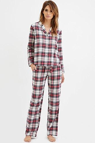 Forever21 Women's  Cream & Navy Flannel Pj Set
