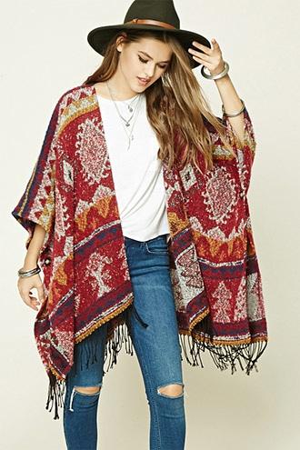 Forever21 Women's  Fuzzy Tribal Print Poncho