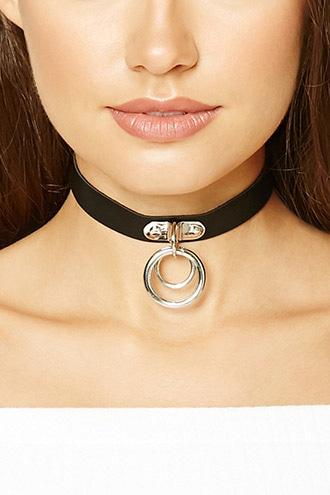 Forever21 Silver & Black Faux Leather Ring Choker