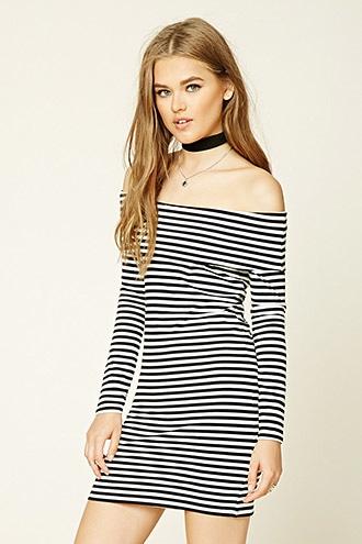 Forever21 Women's  Black & Cream Stripe Off-the-shoulder Dress