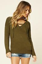 Forever21 Women's  Lace-up Ribbed Knit Sweater