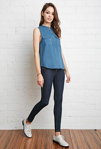 Forever21 Women's Buttoned Pocket Shirt (blue)