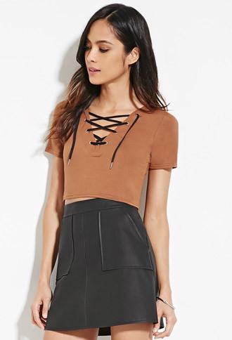 Forever21 Women's  Camel Lace-up Crop Top