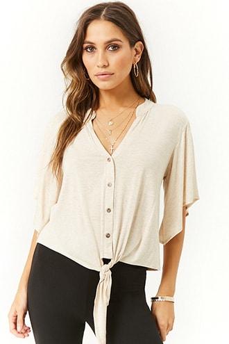Forever21 Heathered Tie-hem Split-neck Top