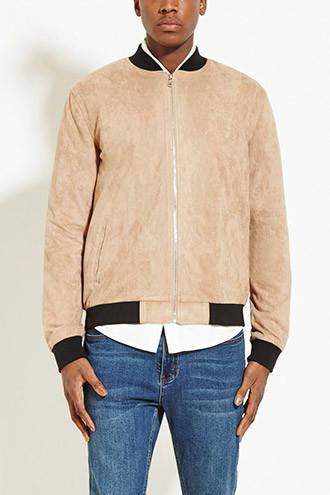 21 Men Men's  Khaki Faux Suede Bomber Jacket