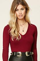 Forever21 Women's  Wine Ribbed Knit V-neck Top