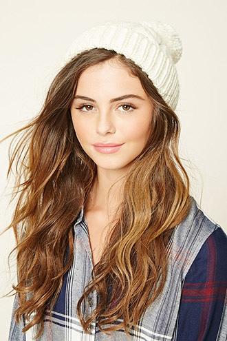 Forever21 Women's  Cream Cable Knit Pom-pom Beanie