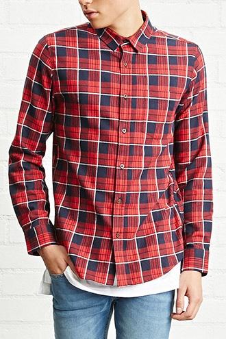 21 Men Men's  Red & Navy Slim Fit Plaid Shirt