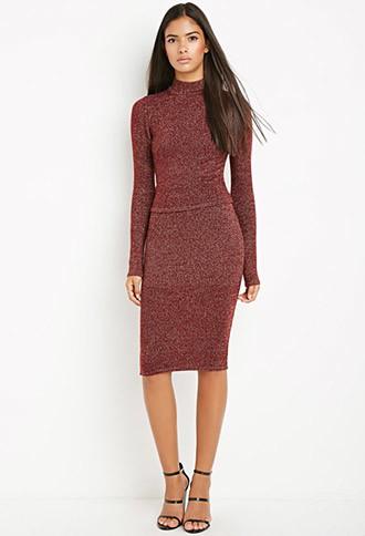 Love21 Women's  Metallic Knit Sweater Skirt (burgundy/gold)