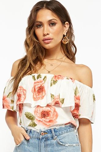 Forever21 Rose Print Off-the-shoulder Top
