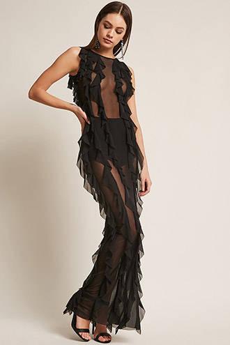 Forever21 Kikiriki Sheer Mesh Ruffle Maxi Dress