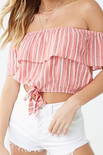 Forever21 Striped Off-the-shoulder Flounce Tie-hem Top