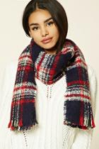 Forever21 Navy & Red Frayed Plaid Oblong Scarf