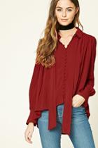 Forever21 Women's  Red Boxy Tie-neck Shirt
