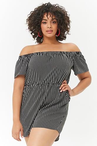 Forever21 Plus Size Pinstriped Off-the-shoulder Romper
