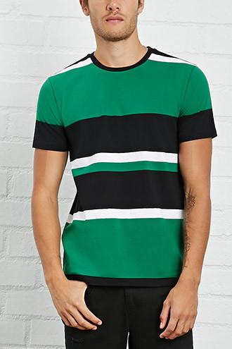 21 Men Men's  Black & Green Striped Contrast-neck Tee